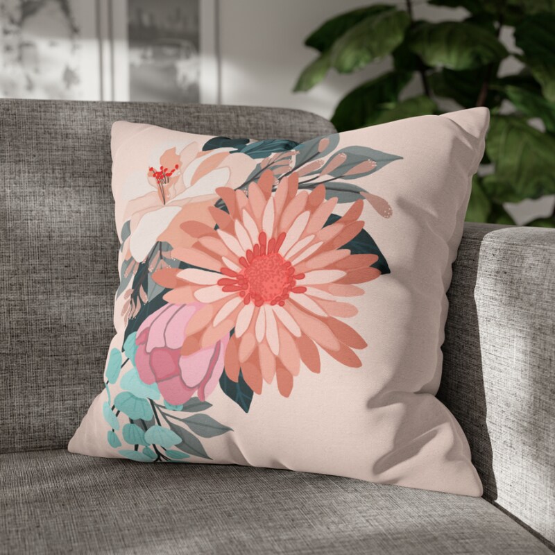 Pastel Tropical Bouquet on Blush Square Pillow CASE ONLY, 4 sizes available, Floral throw pillow, Farmhouse Country Decor, Tropical Decor